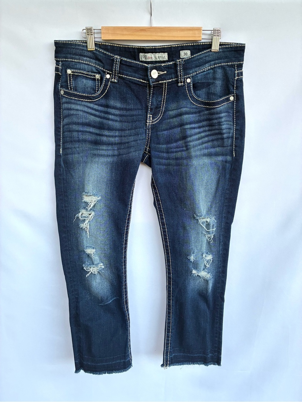 BKE Stella Cropped Distressed Jeans Size 30 Dark Wash Raw Hem